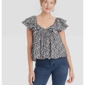 Universal Thread Ruffle Sleeve Blouse Black & White‎ Floral Sz M Peasant Boho